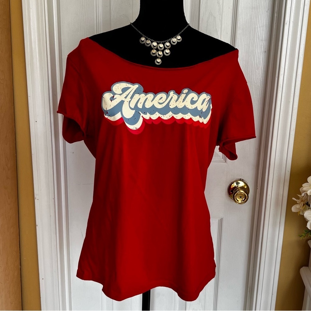 Red  🇺🇸 AMERICA 🇺🇸 Off the Shoulder Graphic Women's Top